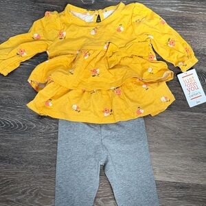 Carter's Mustard Yellow Floral Tiered Top with Gray Leggings